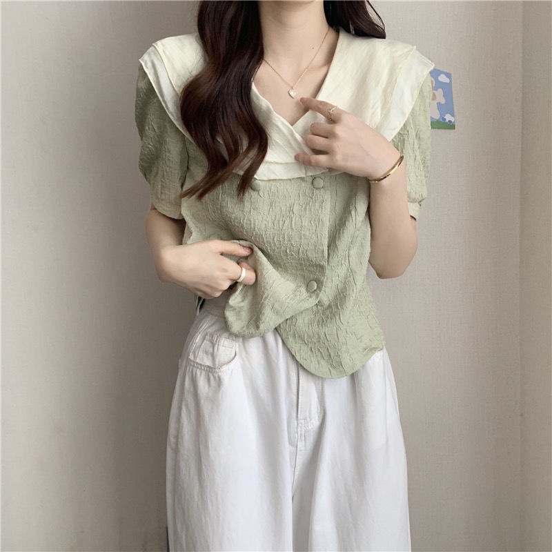 Áo chiffon Ngắn Cổ Lá Sen Phong Cách Pháp Thời Trang Mùa Hè