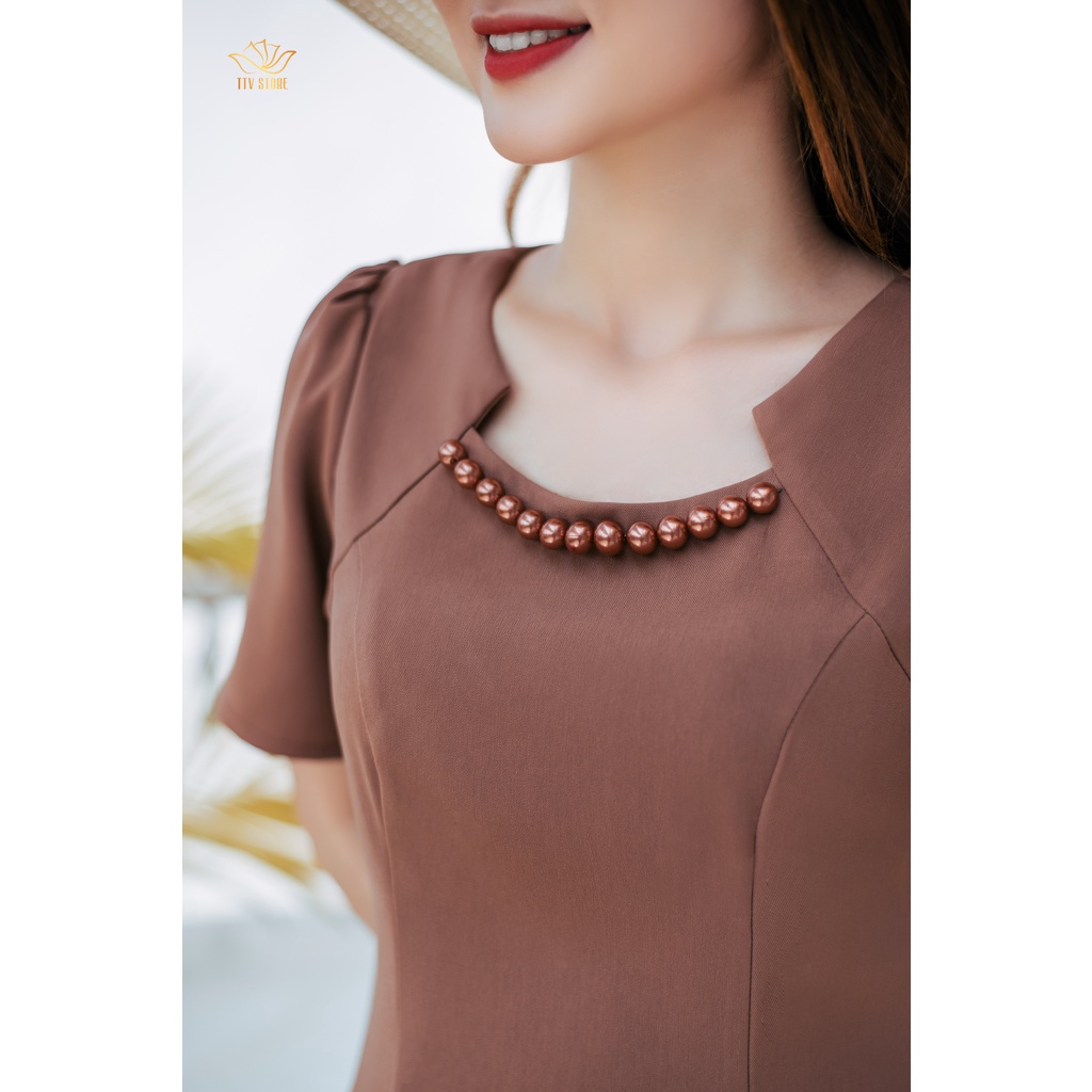 Đầm trung niên cao cấp TTV1071 TTV Store thiết kế form xoè nâu cafe dự tiệc