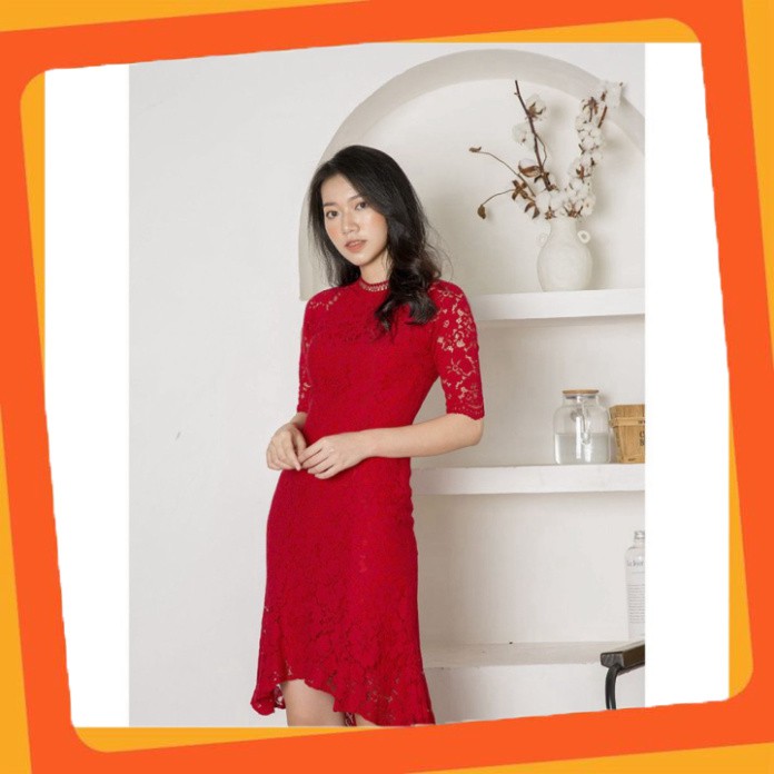 SOO - Đầm ren đỏ 7 mảnh mulet tay lỡ cổ tròn cao-Sooyoung chất đẹp