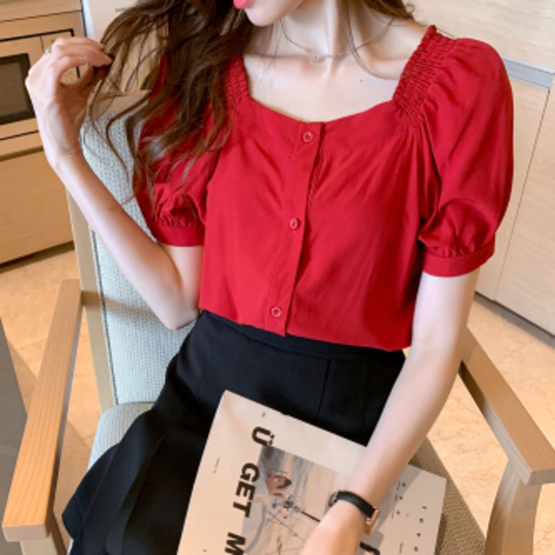 Áo Sơ Mi Trơn Ngắn Tay 164288 Áo Cardigan Cổ Vuông Dáng Rộng Thiết Kế Đơn Giản Thời Trang Cho Nữ