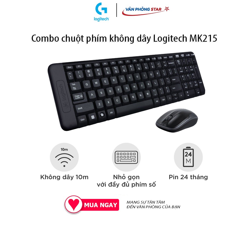 Combo chuột phím không dây Logitech MK215 - nhỏ gọn, có phím số, 1 đầu thu USB vanphongstar