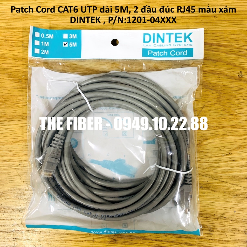 Patch Cord CAT6 UTP dài 5M, 2 đầu đúc RJ45 màu xám - DINTEK , P/N:1201-04XXX