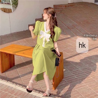 Set đũi thô áo khuy ngọc phối viền nơ cổ tim tay ngắn phối chân váy xòe chữ A dáng dài!