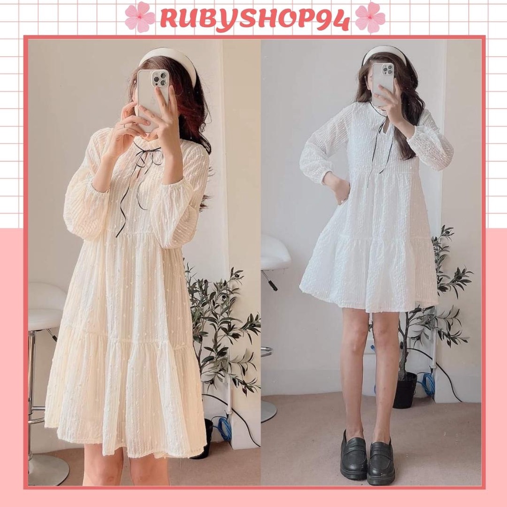 Đầm babydoll ulzzang trắng dài tay, Váy nữ bánh bèo tiểu thư dáng suông xinh xắn