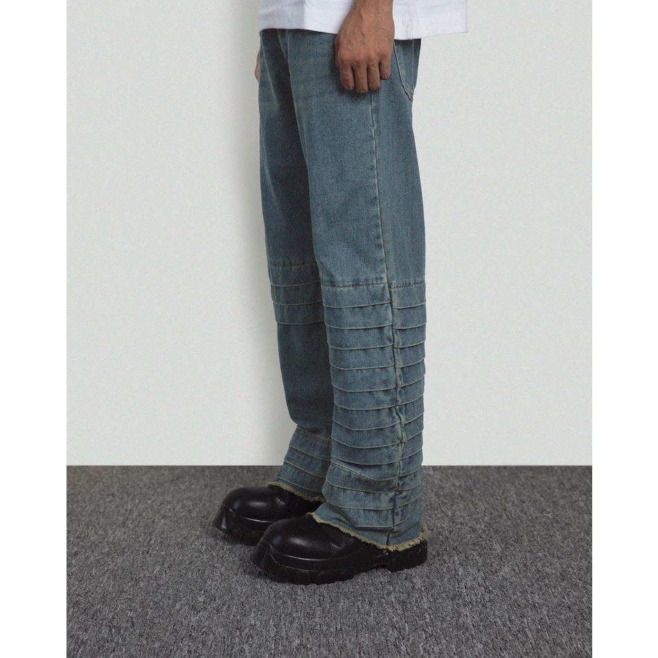 Quần denim kaki "GOLDIE DIVISION WASHED BLUE" giặt mài xếp li