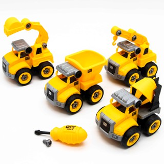 Đồ chơi lắp ghép mô hình oto xây dựng DIY 4 món gồm Cần cẩu, máy múc, xe bồn và xe ben Toys house