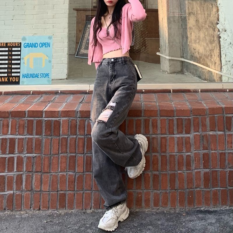 COZOKC Quần Jean Rách Lưng Cao Form Ôm Theo Phong Cách retro Dễ Phối Đồ