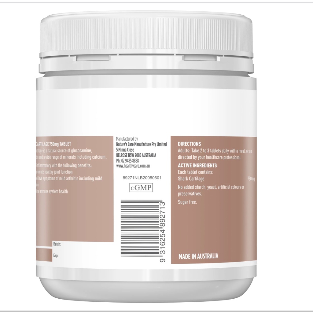 Sụn Vi Cá Mập Úc Healthy Care Shark Cartilage Viên Uống Giảm Đau xương khớp 750mg 200 viên
