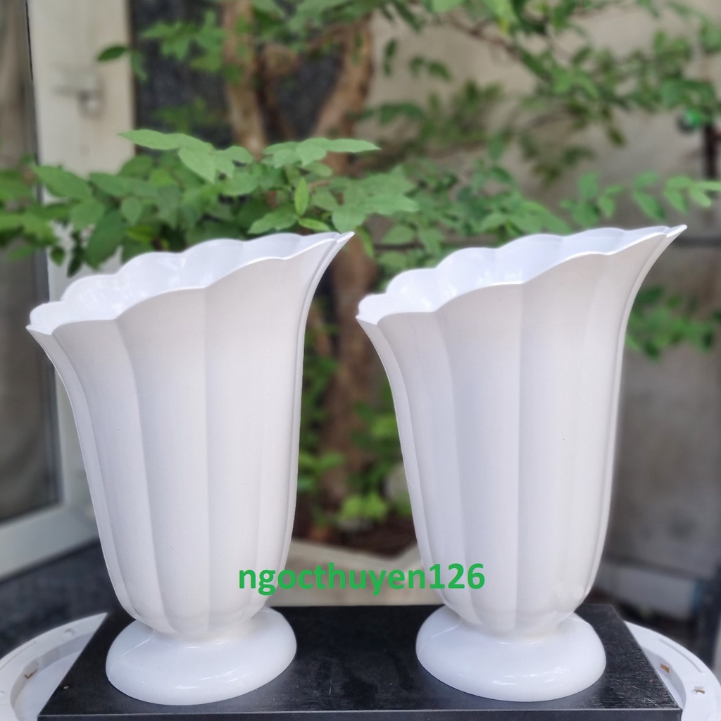 Bộ 02 chậu hoa rum trồng hoa kiểng màu trắng sang trọng 28x38cm nhựa dày đẹp