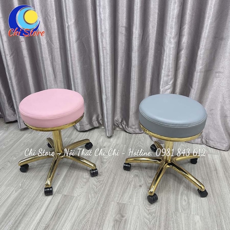 Ghế Xoay Bánh Xe Spa Cao Cấp, Ghế Đôn Hơi Phun Xăm Điều Chỉnh Cao Chân Kim Loại Mạ Vàng Gold Cực Sang