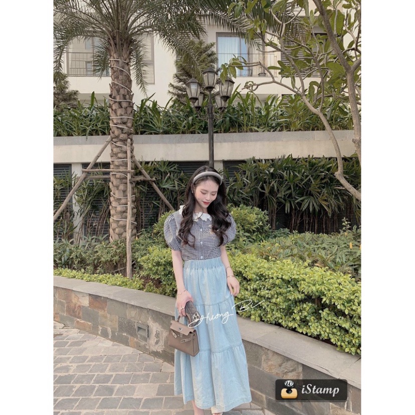 Hihishophaha áo babydoll kẻ cổ ren tiểu thư hihishophaha