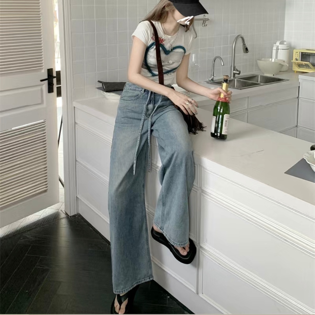 Quần jean ống rộng SUXI lưng cao màu sắc đơn giản thời trang thu đông cho nữ