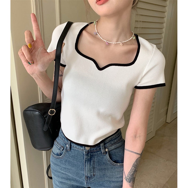 COZOK Áo Thun Dệt Kim Tay Ngắn Dáng Ôm Cổ Vuông Thời Trang