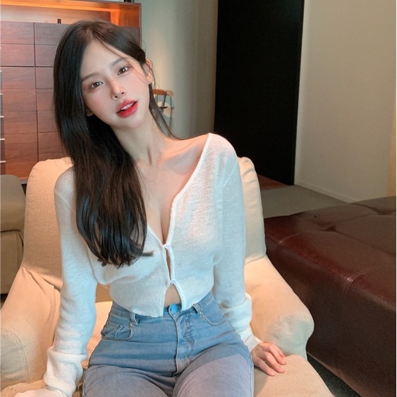 Ulzzang ( 얼짱) - ÁO LEN DỆT KIM MỎNG TAY DÀI DÁNG NGẮN XU HƯỚNG SEXY GỢI CẢM (áo khoác + áo mặc thường)