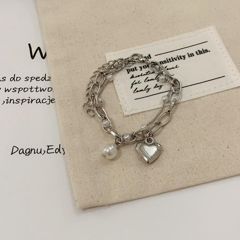 Vòng tay dây xích gắn hình trái tim và quả đào đính ngọc trai kiểu Hàn Quốc nữ tính ngọt ngào cho nữ