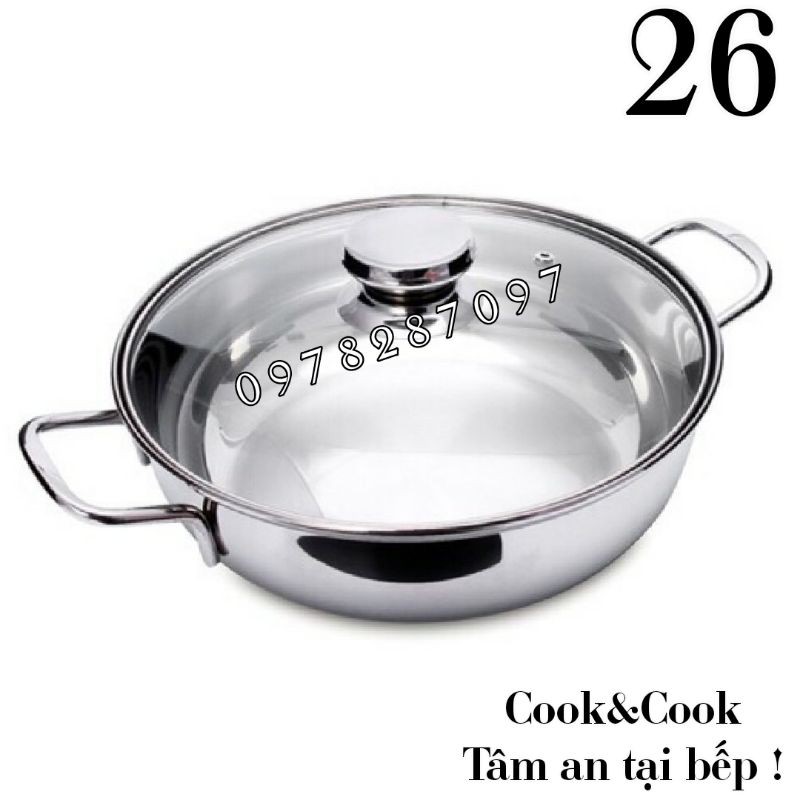 Nồi lẩu 3 đáy inox 430 Vietcook size 26 nắp kính [CHÍNH HÃNG][CAO CẤP]