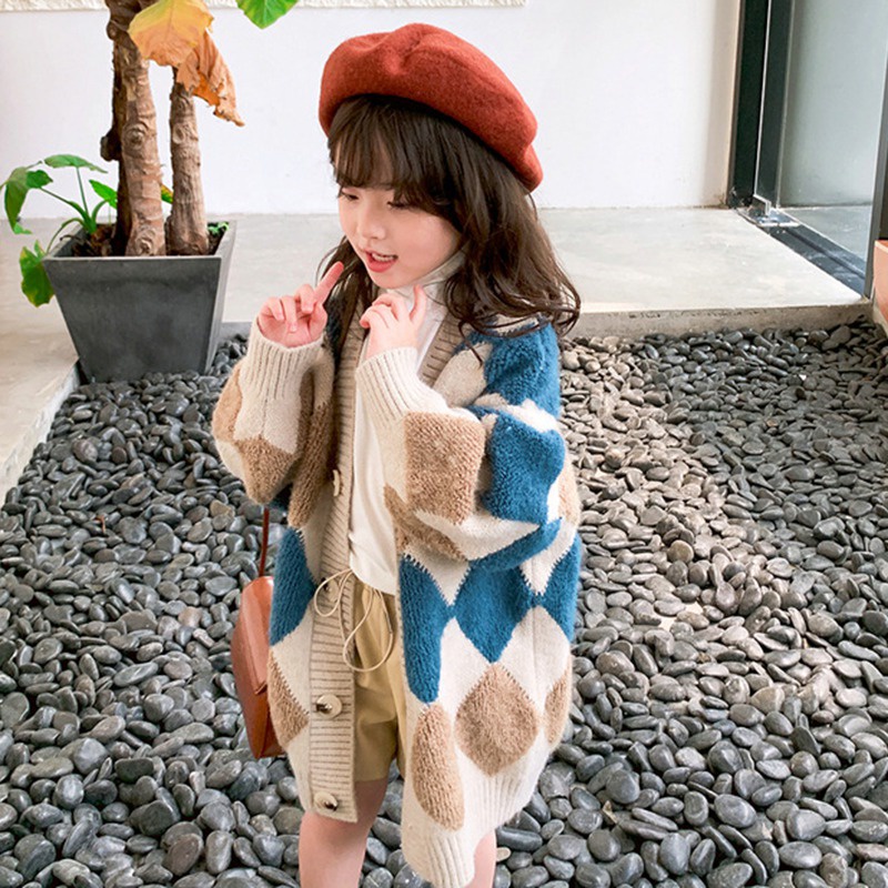 Áo khoác cardigan tay dài cổ chữ V phối nút cài thời trang thu đông xinh xắn dành cho bé gái