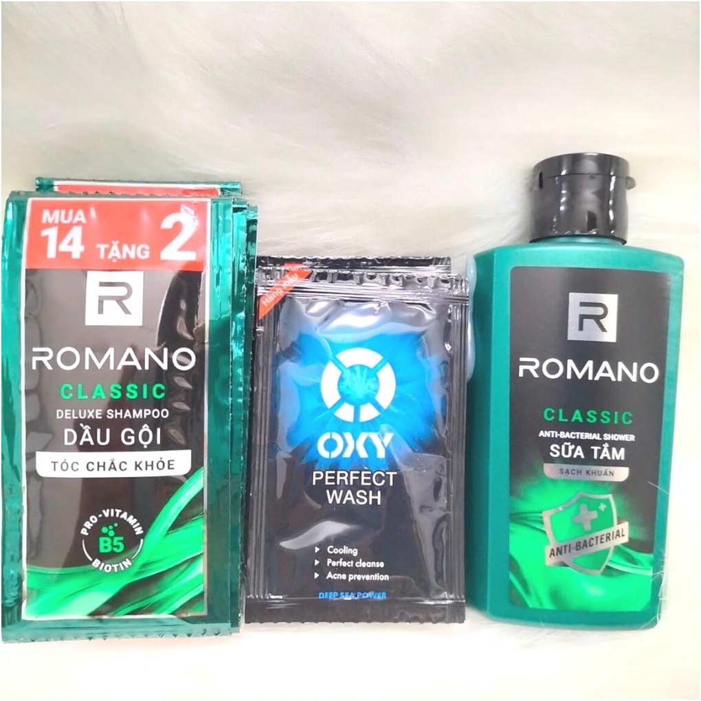 Set 3 Món: Gồm 1 Dây 14 gói dầu gội Romano 6g+1 Chai Sữa tắm Romano 60g+ 5 gói Sữa Rửa mặt Oxy 3g*5 cho nam-Hàng mini