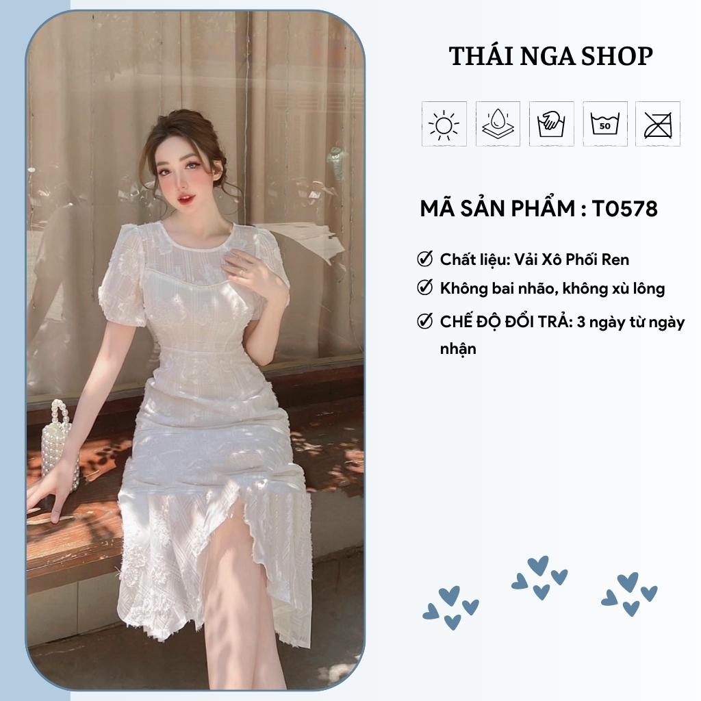 Đầm Dự Tiệc Đuôi Cá Dáng Dài Ôm Body Trắng Cổ Tròn Tay Phồng Ngắn Đi Tiệc Thaingashop D0578