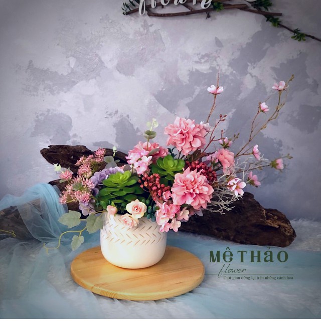 Ảnh shop chụp) Bình Hoa Giả Tone Hồng Trang Trí Nhà Cửa, Decor Phòng Khách Chất Liệu Lụa Cao Cấp Mê Thảo Flower