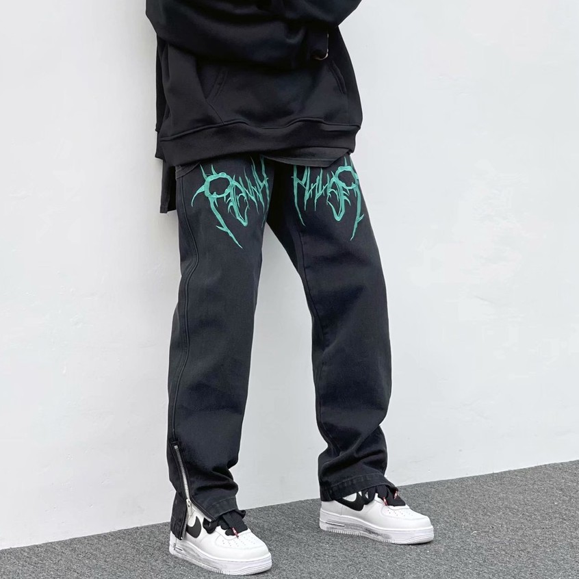 Quần jean ống suông Xẻ Tà Thêu Họa Tiết Phong Cách Hip Hop Cá Tính Cho Nam