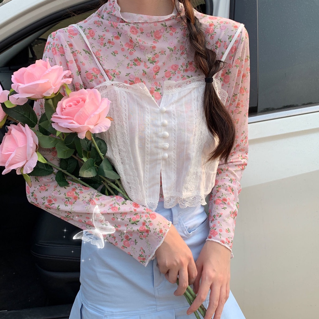 Áo Thun Lưới Hoa Cổ Cao Tay Dài Chống Nắng Phong Cách Thời Trang Nhật Bản