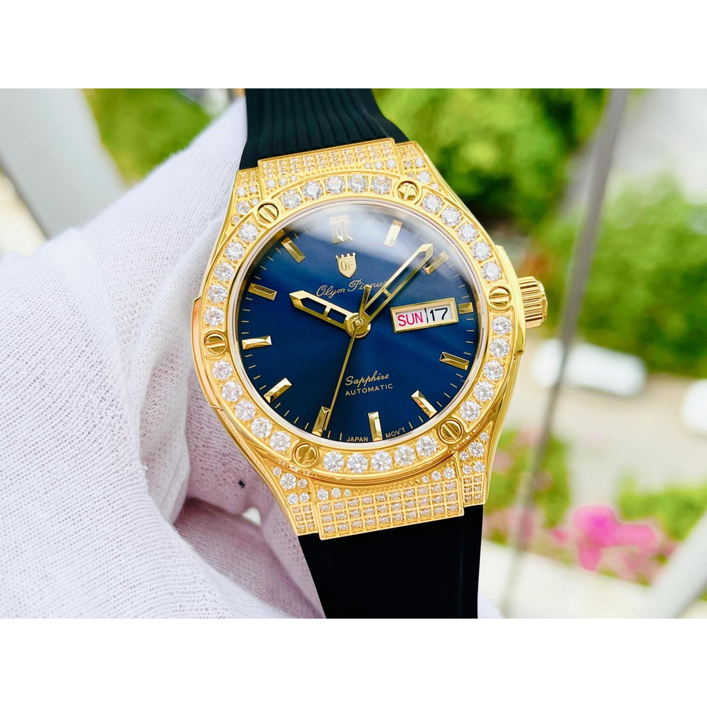 Đồng hồ nam Olym Pianus OP990-45ADGK-X mặt xanh, viền vàng; Thiết kế kiểu dáng Hublot; New100, Fullbox: Bảo hành 2 năm