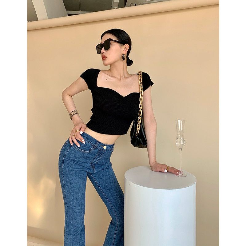Áo Len Ôm Body Tay Ngắn Màu Sắc Đơn Giản Cổ Vuông Trẻ Trung | Smide Clothing