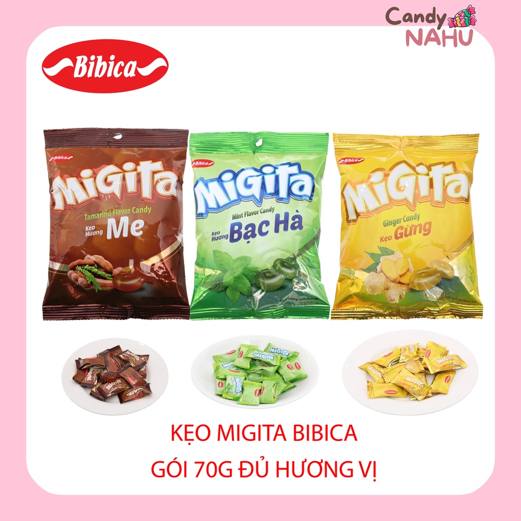 Kẹo Migita Bibica (Me/ Bạc hà/ Gừng) gói 70g đủ hương vị