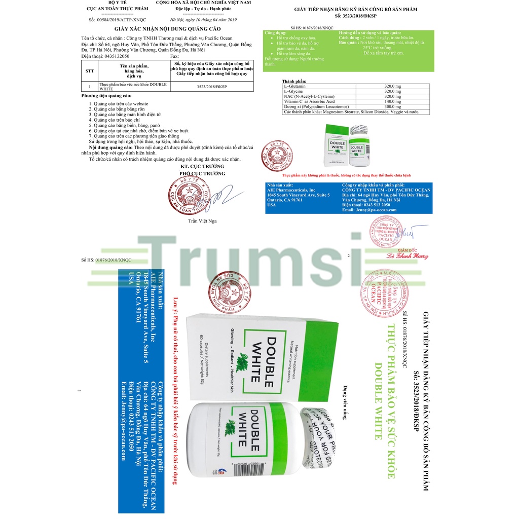 Viên Uống Trắng Da Toàn Thân Double White Giúp Đẹp Da Giảm Nám Chống Nắng Và Ngăn Ngừa Lão Hoá Nhập Khẩu Chính Hãng USA