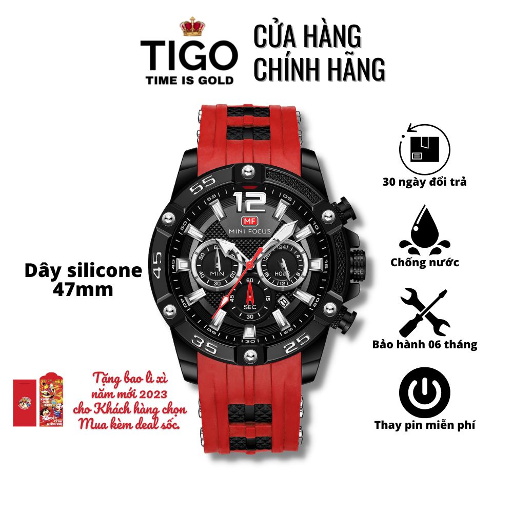 Đồng Hồ Nam MINI FOCUS MF0349G.04 Dây Silicone Đỏ Viền Đen Thép Không Gỉ Cao Cấp Mặt Tròn Đường Kính 47mm Chống Nước