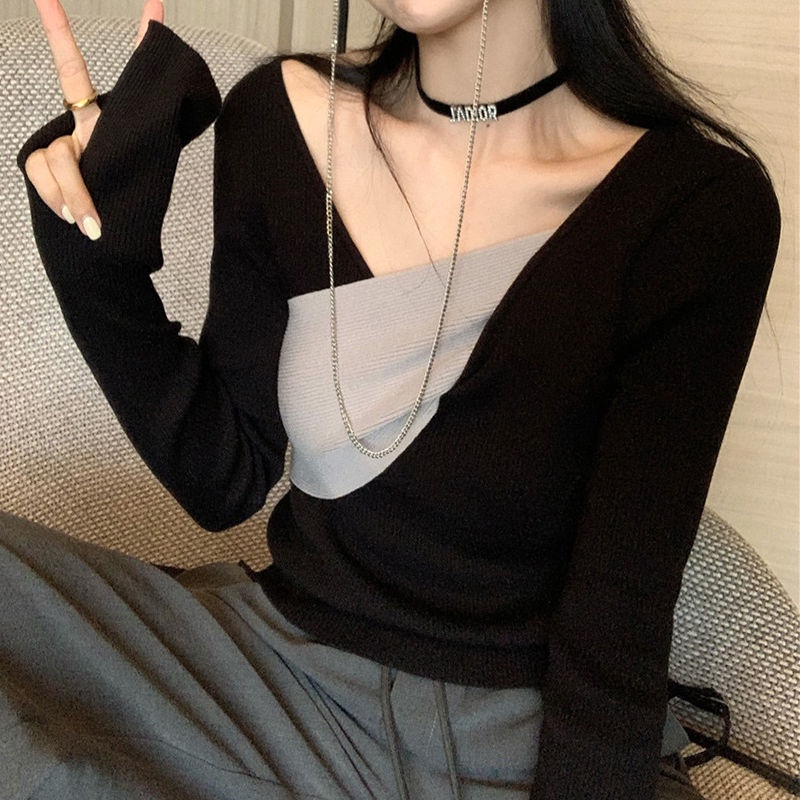 Áo Sweater Tay Dài Vạt Chéo Màu Tương Phản Độc Đáo Thời Trang 2022 Cho Nữ