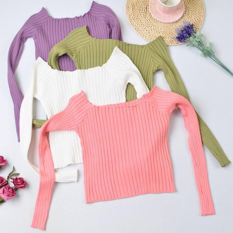 SUXI Áo Trễ Vai Tay Dài Màu Trơn Thiết Kế Quyến Rũ Hợp Thời Trang Cho Nữ