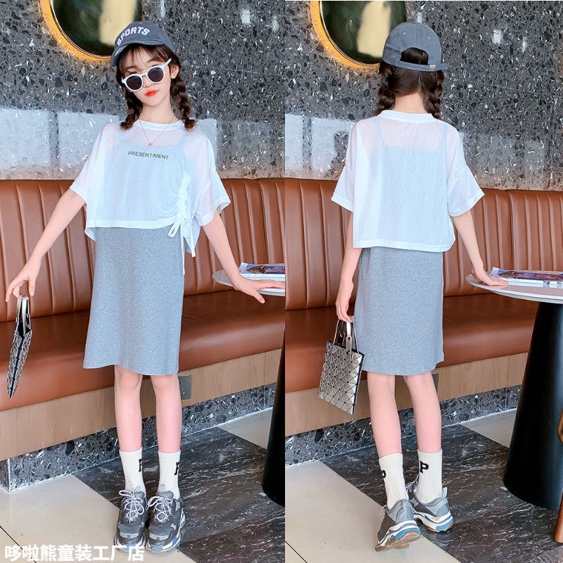 Bộ Áo Thun Ngắn Tay + Đầm Hai Dây Phong Cách Mới 2022 Dành Cho Bé Gái