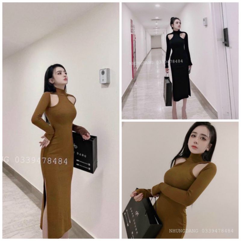 Đầm Thun Borip Ôm Body Dáng Dài Maxi Xẻ Tà - Tay Dài Khoét Vai Sexy