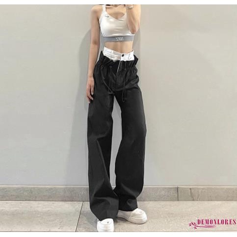 Quần Dài Lưng Cao Ống Rộng Màu Đen Phối Dây Rút Phong Cách Hàn Quốc Thời Trang Cho Nữ