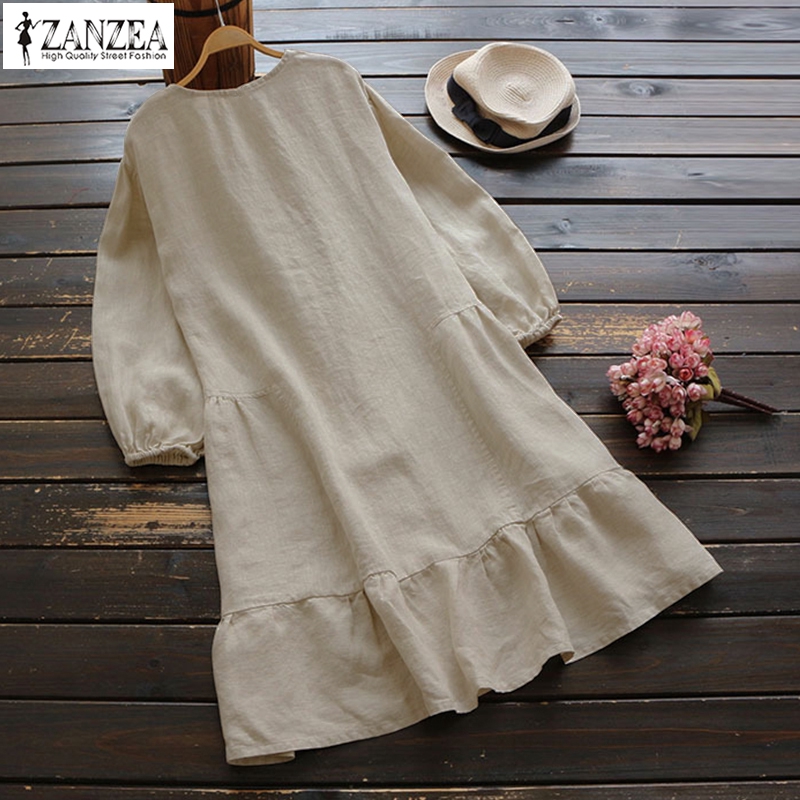 Đầm ZANZEA Tay Dài Màu Trơn Thời Trang Dành Cho Nữ