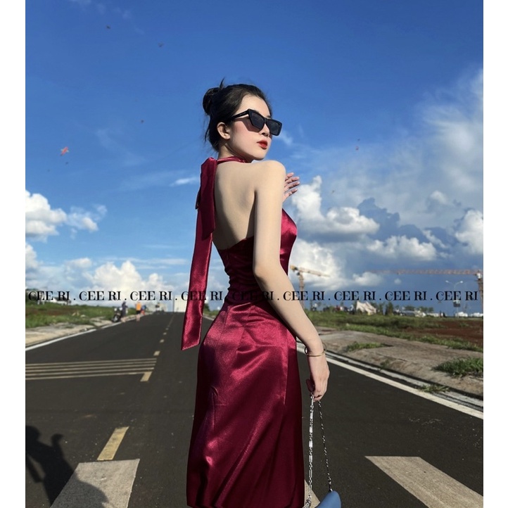 Đầm lụa CEE RI cổ yếm dáng dài có mút ngực