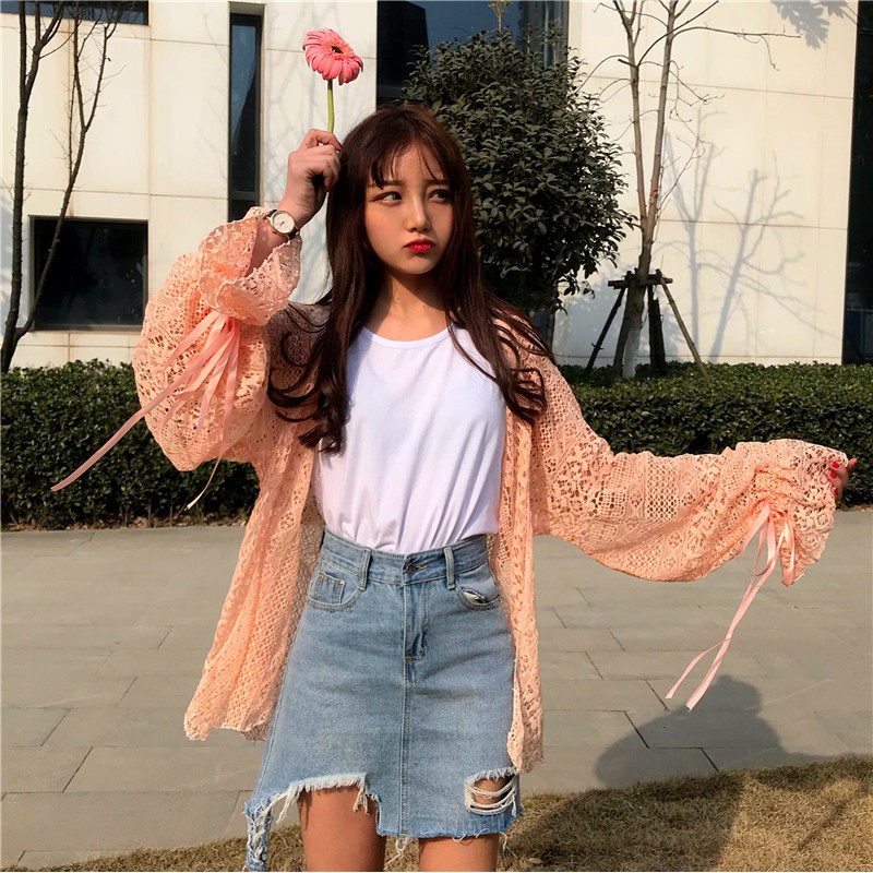 [HÀNG SẴN] Áo khoác ulzzang 4 màu ren mỏng tay nơ bèo - u.w | BigBuy360 - bigbuy360.vn