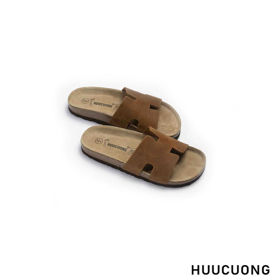 Dép unisex  Chữ H HUUCUONG Quai Da Thật Màu Nâu Đế Trấu