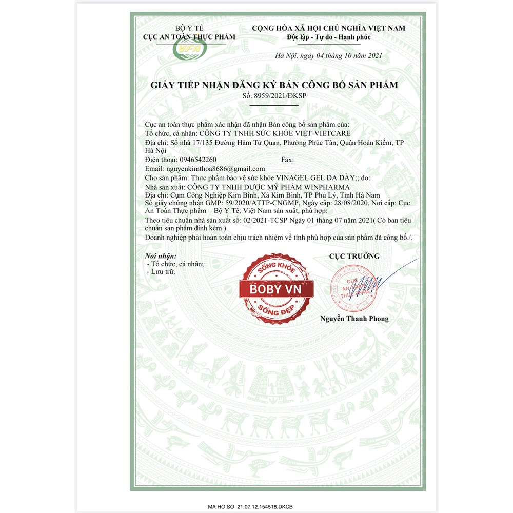 Vinagel Gel Dạ Dày hỗ trợ giảm acid dịch vị, bảo vệ niêm mạc dạ dày - Hộp 20 gói x 15ml/gói - Boby