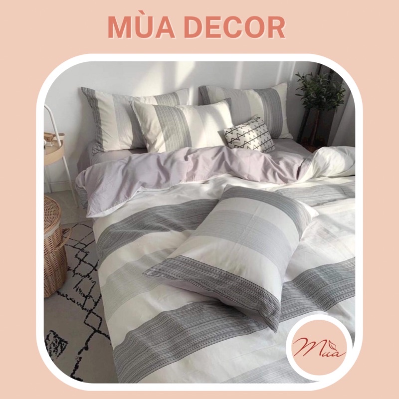 Bộ chăn ga và vỏ gối cotton living cao cấp Mùa Decor -Họa tiết ghi trắng phong cách Nhật Bản