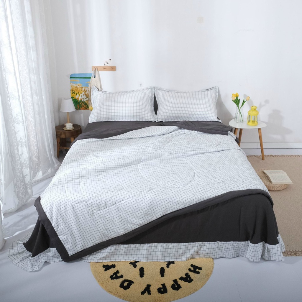 (HÀNG MỚI- Chất Đẹp ) Bộ Chăn Ga Gối Cotton Đũi✨ m6/m8/2m - Full size Tiệm Nhà Mêu✨ 2 Vỏ gối ,drap ,chăn chần Basic Caro | BigBuy360 - bigbuy360.vn