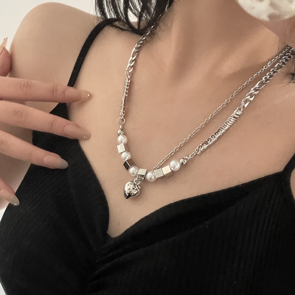 Vòng cổ Mặt Vuông Bằng Thép Titan Đính Ngọc Trai Phong Cách Hip Hop