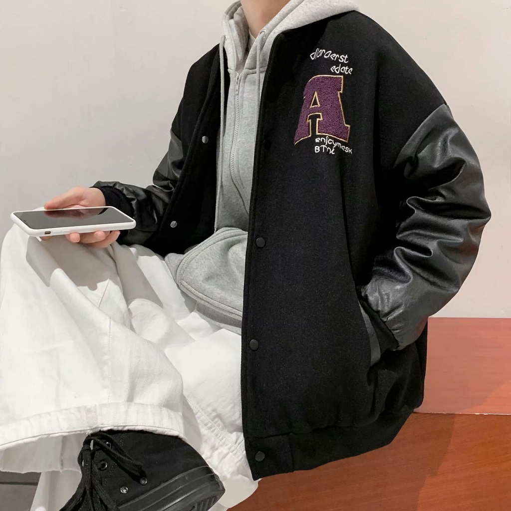 Áo khoác bomber da PU phong cách Hàn Quốc năng động thời trang dành cho nam