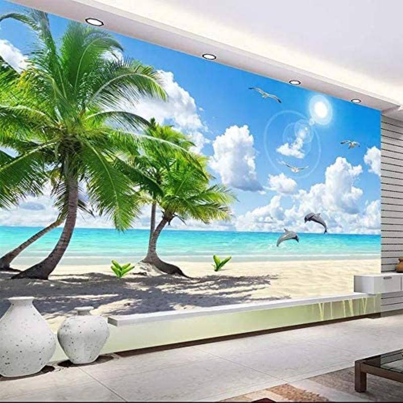 Giấy Dán Tường 3D Hình Cây Dừa Bãi Biển Trang Trí Phòng Khách / Phòng Ngủ