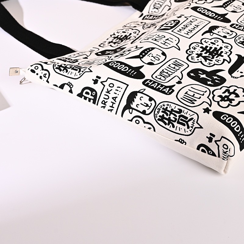 Túi tote HAZIN vải canvas phối quai đen ulzzang unisex đi học đi làm có khoá miệng ngăn phụ nhỏ đựng vừa khổ a4