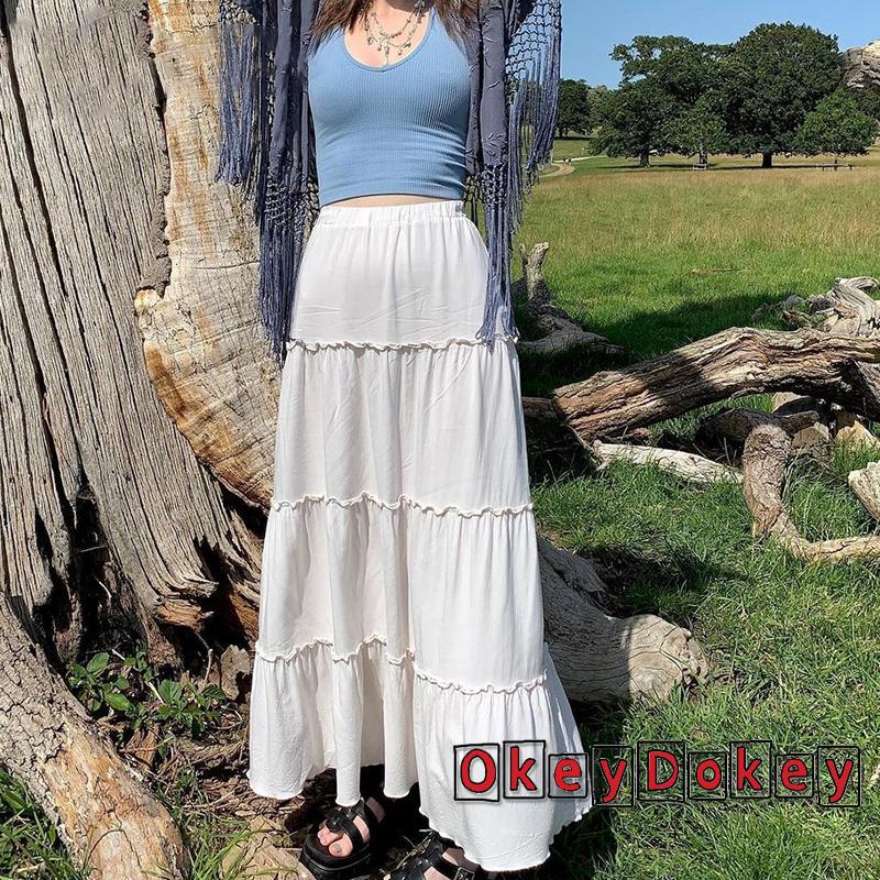 OKDK-y2k Women Pleated Long Skirt Casual Solid Color Frill Skirt for Party (White)
