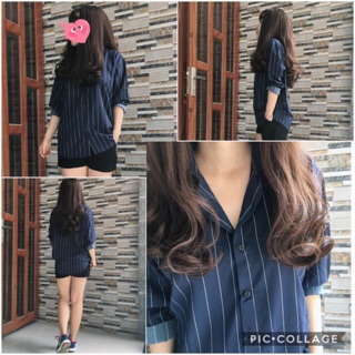Áo sơ mi oversize xanh đen sọc trắng cổ vest