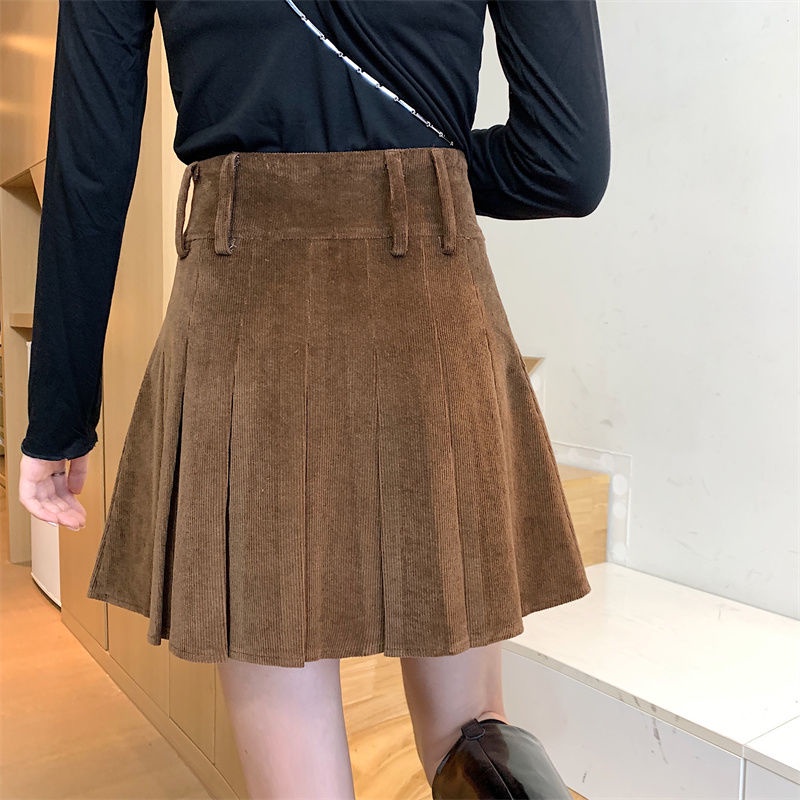 COZOK Chân váy nhung chữ A lưng cao xếp ly màu nâu thời trang cho nữ